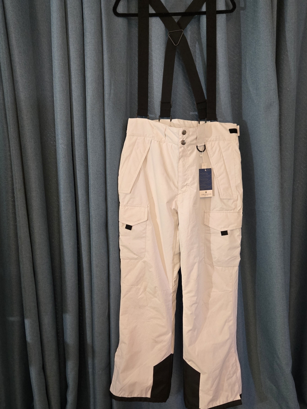 Men's White Cargo Snow Pants with Black Trim and Removable Suspenders